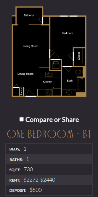 Floor plan for 1 bed, 1 bath, 730 sqft